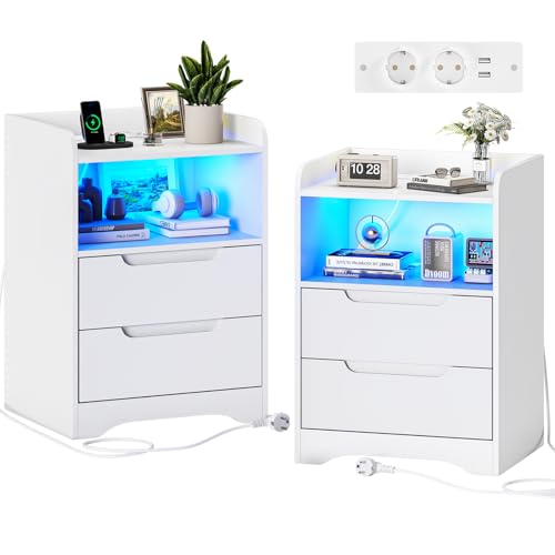 Brinlawb Nachttisch 2er set Nachttisch mit Ladefunktion und LED-Licht Nachtschrank 2er set mit 2 Schubladen Und 1 Offenes Fach Beistelltisch Weiss Couchtisch Sofatisch für Schlafzimmer Wohnzimmer Weiß von Brinlawb