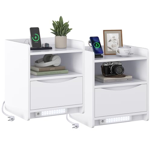 Brinlawb Nachttisch 2er set mit LED-Beleuchtung und Ladestation (2 AC-Steckdosen & 2 USB-Anschlüsse), Nachtschrank 2er set mit 1 Schublade und 1 offenes Fach Beistelltisch für Schlafzimmer, Wohnzimmer von Brinlawb