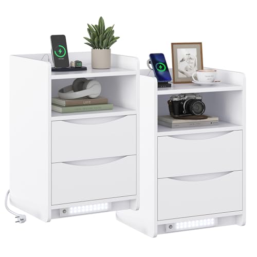 Brinlawb Nachttisch 2er set mit LED-Beleuchtung und Ladestation (2 AC-Steckdosen & 2 USB-Anschlüsse) Nachtschrank 2er set mit 2 Schubladen und 1 offenes Fach Beistelltisch für Schlafzimmer, Wohnzimmer von Brinlawb