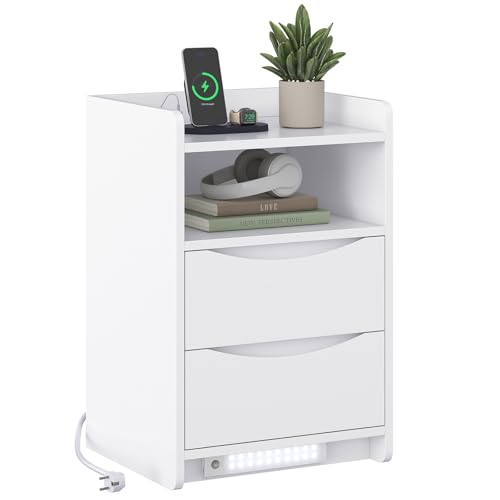 Brinlawb Nachttisch mit LED-Beleuchtung und Ladestation (2 AC-Steckdosen & 2 USB-Anschlüsse), Nachtschrank mit 2 Schubladen und 1 offenes Fach Beistelltisch Sofatisch für Schlafzimmer, Wohnzimmer Weiß von Brinlawb