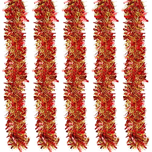 Brinny 5 Stücke Girlande Weihnachten Lametta Metallische Glänzend Tannengirlande Glitzernde Hängende Dekoration für Weihnachtsbaum Kranz Hochzeit (11cm x 2m, Rot & Gelb) von Brinny