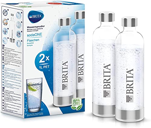 BRITA Flaschen 2er-Pack für Wassersprudler sodaONE | 2X 1 Liter Ersatzflaschen | Leichte, BPA-freie PET-Flasche im Duo-Pack | Sprudlerflaschen mit Elementen aus poliertem Edelstahl von BRITA