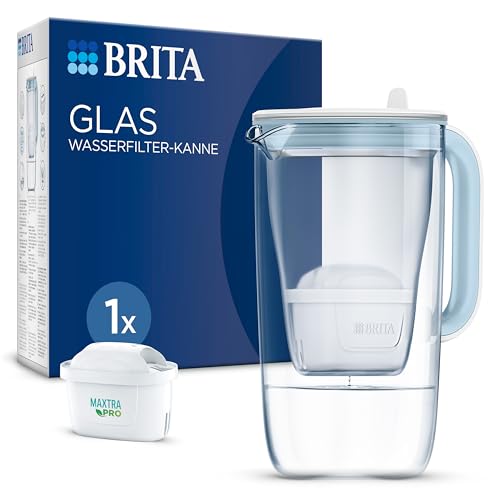 BRITA Glas Wasserfilter Kanne hellblau (2,5l) inkl. 1x MAXTRA PRO All-in-1 Kartusche – Premium Design Wasserfilter Glas, robust & leicht / reduziert Kalk, Chlor, Metalle wie Blei & Kupfer von Brita