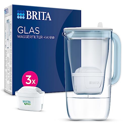 BRITA Wasserfilter Glaskanne Hellblau (2,5l) inkl. 3x MAXTRA PRO All-in-1 Kartuschen – Premium Design Tischwasserfilter aus Glas, robust & leicht / reduziert Kalk, Chlor, Metalle wie Blei & Kupfer von Brita