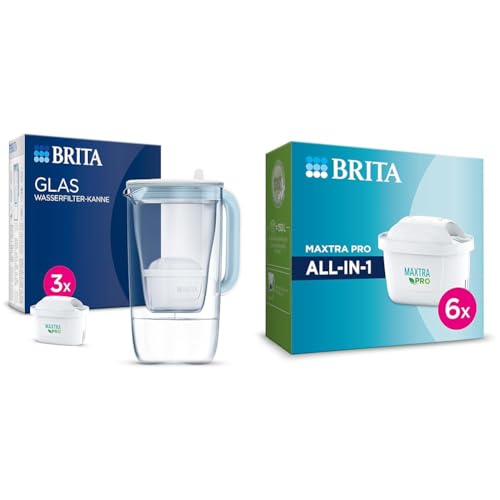 BRITA Glas Wasserfilter-Kanne hellblau (2,5l) inkl. 3x MAXTRA PRO All-in-1 Kartusche & Wasserfilter-Kartusche MAXTRA PRO All-in-1 – 6er Pack (Halbjahresvorrat) von Brita