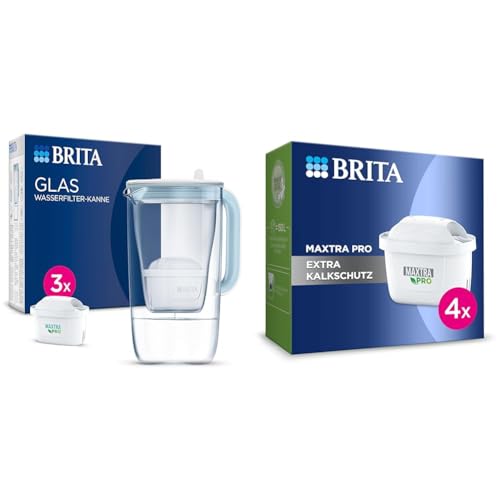 BRITA Glas Wasserfilter-Kanne hellblau (2,5l) inkl. 3x MAXTRA PRO All-in-1 Kartusche & Wasserfilter-Kartusche MAXTRA PRO Extra Kalkschutz – 4er Pack von Brita