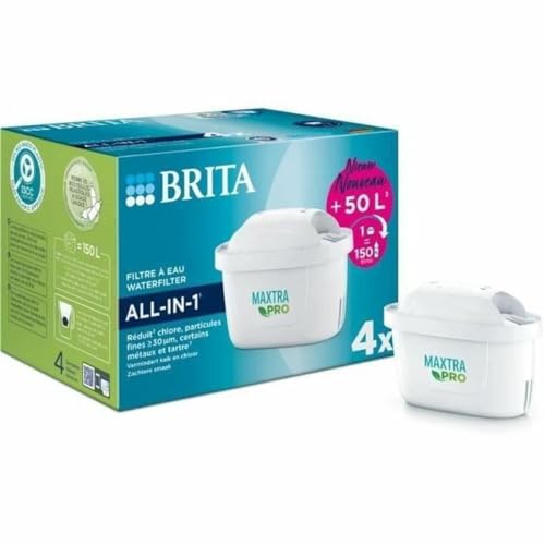BRITA Maxtra Pro All-in-1 Wasserfilterkartusche, 4 Stück, für Filterkaraffe, reduziert bestimmte Pestizide, Herbizide und medizinische Rückstände, Chlor, Kalk und Metalle von Brita