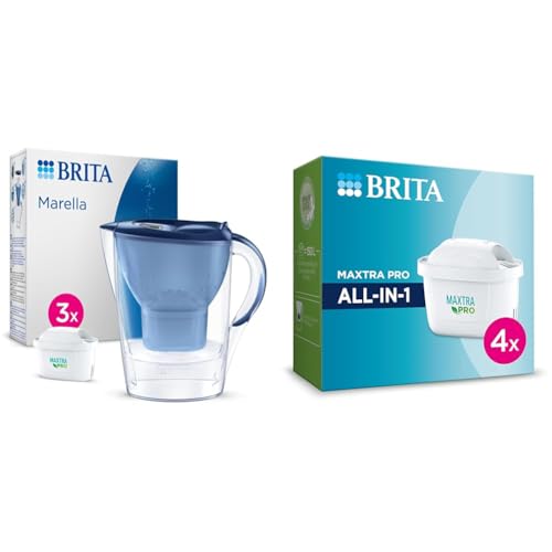 BRITA Wasserfilter-Kanne Marella blau 2 & Wasserfilter-Kartusche MAXTRA PRO All-in-1 – 4er Pack – Original BRITA Ersatzkartusche reduziert Kalk von Brita