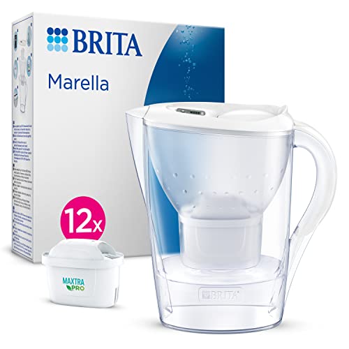 BRITA Wasserfilter-Kanne Marella weiß (2,4l) inkl. 12x MAXTRA PRO All-in-1 Kartusche (Jahresvorrat) – Filter zur Reduzierung von Kalk, Chlor, Blei, Kupfer & geschmacksstörenden Stoffen im Wasser von Brita
