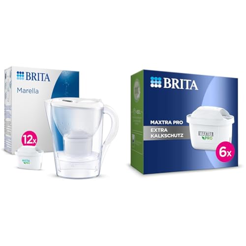 BRITA Wasserfilter-Kanne Marella weiß (2,4l) inkl. 12x MAXTRA PRO All-in-1 Kartusche & Wasserfilter-Kartusche MAXTRA PRO Extra Kalkschutz – 6er Pack von Brita