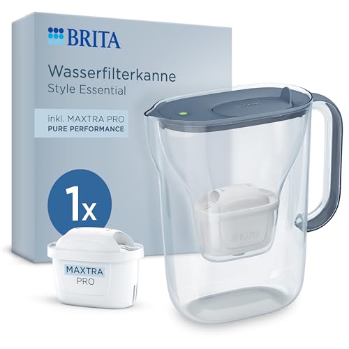 BRITA Wasserfilter Kanne Style Essential steinblau (2,4l) inkl. 1x BRITA MAXTRA PRO Pure Performance – Kanne mit Smart Light LED & Klapp-Deckel passt in den Kühlschrank, filtert Verunreinigungen von BRITA