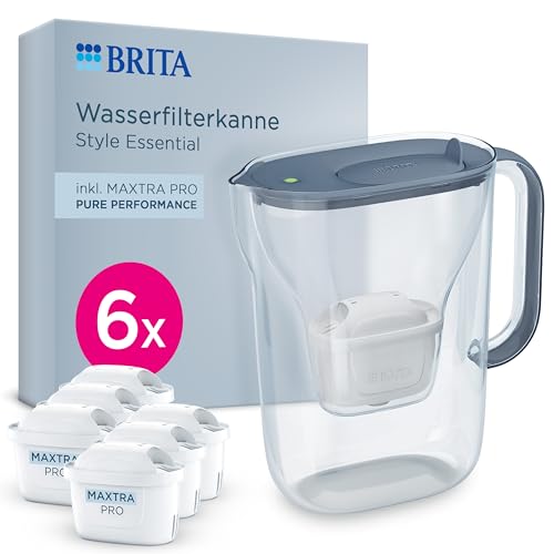 BRITA Wasserfilter Kanne Style Essential steinblau (2,4l) inkl. 6x BRITA MAXTRA PRO Pure Performance – Kanne mit Smart Light LED & Klapp-Deckel passt in den Kühlschrank, filtert Verunreinigungen etc. von BRITA