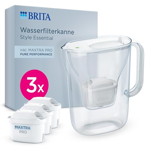 BRITA Wasserfilter Kanne Style Essential weiß (2,4l) inkl. 3x BRITA MAXTRA PRO Pure Performance – Kühlschrankgeeignete Kanne mit Smart Light LED & Klapp-Deckel, filtert Verunreinigungen & mehr von Brita