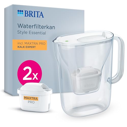 BRITA Wasserfilter Kanne Style Essential weiß (2,4l) inkl. 4x BRITA MAXTRA PRO Extra Kalkschutz – Kühlschrankgeeignete Filterkanne mit Smart Light LED & Klapp-Deckel, filtert Verunreinigungen & mehr von Brita