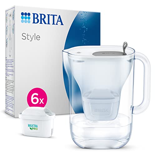 BRITA Wasserfilter-Kanne Style hellgrau (2,4l) inkl. 6x MAXTRA PRO All-in-1 Kartusche – Filter im modernen Design für den Kühlschrank zur Reduzierung von Kalk, Chlor, Metalle wie Blei & Kupfer von Brita