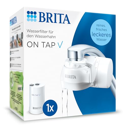 BRITA Wasserfilter für Wasserhahn ON TAP V inkl. 1 Filterkartusche – für nachhaltiges Wasser mit besserem Geschmack/reduziert kleine Partikel, Metalle & geschmacksbeeinträchtigende Stoffe von BRITA