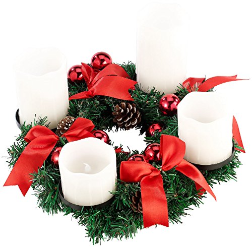Britesta Adventkranz LED: Adventskranz mit weißen LED-Kerzen, rot geschmückt (Adventskranz mit LED Lichtern, Weihnachtskranz mit LED Lichter, Kabellose Weihnachtskerzen) von Britesta