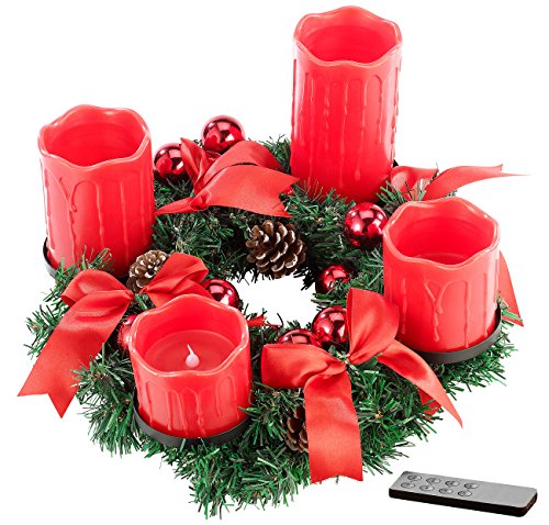 Britesta Tannenkränze LED-Kerzen: Adventskranz mit roten LED-Kerzen, rot geschmückt (Adventskranz Künstliche Kerzen, Adventskranz mit LED Beleuchtung, Kabellose Weihnachtskerzen) von Britesta