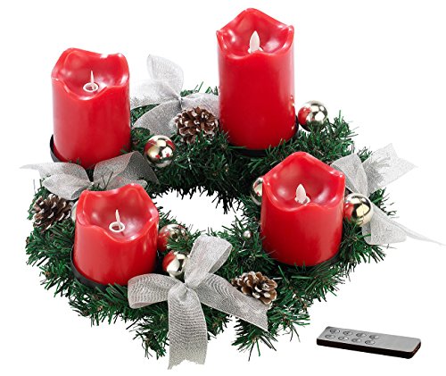 Britesta Adventsdeko-Kerzen-Kranz: Adventskranz, silbern, 4 rote LED-Kerzen mit bewegter Flamme (Adventskränze künstliche Kerzen, Gestecke LED-Kerze, Kabellose Weihnachtskerzen) von Britesta