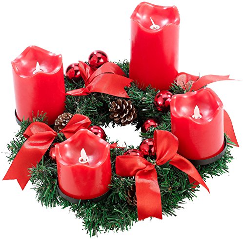 Britesta Adventskranz elektrisch: Adventskranz, rot, 4 rote LED-Kerzen mit bewegter Flamme (Adventskranz Elektrische Kerzen, Elektrische Adventskranzkerzen, Kabellose Weihnachtskerzen) von Britesta