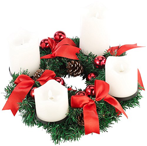 Britesta Tannenkranz LED-Kerze: Adventskranz, rot, 4 weiße LED-Kerzen mit bewegter Flamme (Adventskränze ohne Echte Kerzen, Gesteck LED-Kerze, Kabellose Weihnachtskerzen) von Britesta
