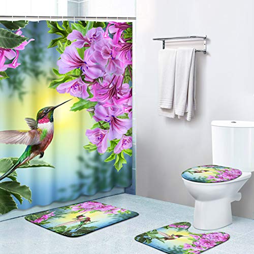 Britimes 4 Stück Duschvorhang-Sets, Kolibri mit rutschfesten Teppichen, WC-Deckelbezug und Badematte, langlebig und wasserdicht, für Badezimmer Dekor Set, 182,9 x 182,9 cm von Britimes