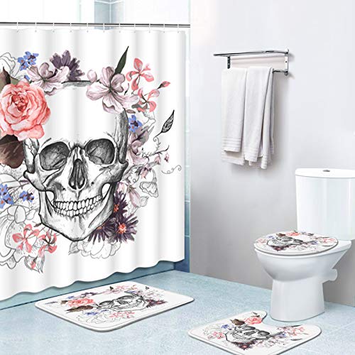 Britimes 4 Stück Duschvorhang-Sets, Totenkopf-Blume mit rutschfesten Teppichen, WC-Deckelbezug und Badematte, langlebig und wasserdicht, für Badezimmer-Dekor-Set, 182,9 x 182,9 cm von Britimes