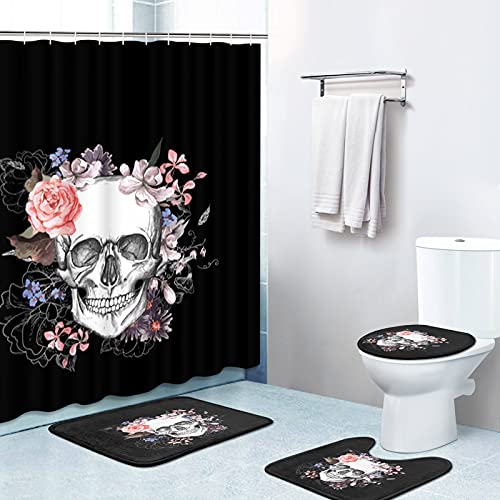 Britimes 4-teiliges Duschvorhang-Set, schwarzer Totenkopf mit rutschfesten Teppichen, WC-Deckelbezug und Badematte, für Badezimmer-Dekor-Set, 182,9 x 182,9 cm von Britimes