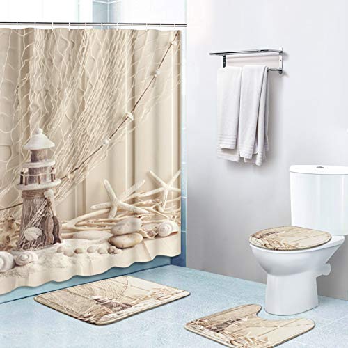 Britimes 4-teiliges Duschvorhang-Set, Strandbeige mit rutschfesten Teppichen, WC-Deckelbezug und Badematte, für Badezimmer-Dekor-Set, 182,9 x 182,9 cm von Britimes