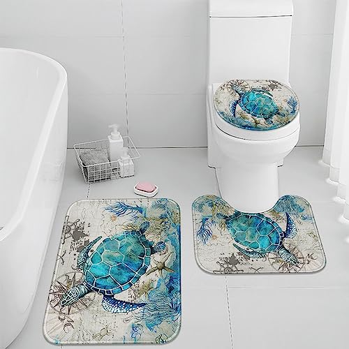 Britimes Badteppich-Set mit blauer Schildkröte, 3-teilig, Ozean, nautischer Seestern, waschbarer Bezug, Bodenteppich, Dekorationen für Küche, Badezimmer, Schlafzimmer Britimes Badteppich-Set mit blauer Schildkröte, 3-teilig, Ozean, nautischer Seestern, waschbarer Bezug, Bodenteppich, Dekorationen für Küche, Badezimmer, Schlafzimmer von Britimes