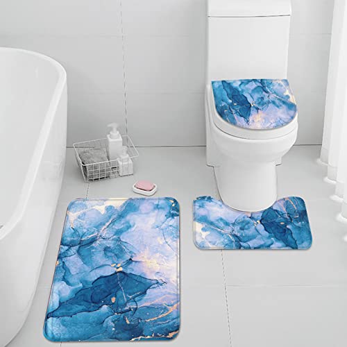 Britimes Blaues Badezimmerteppich-Set, 3 Stück, goldene Marmortextur, abstrakte 3-teiliges Badematten-Set für Badezimmer, kein Seiden, waschbarer Bezug, Bodenteppich, Badezimmer, Schlafzimmer von Britimes
