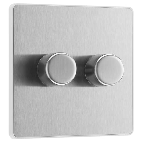 BG Electrical PCDBS82W intelligenter Doppelwand-Dimmerschalter, 2-Wege, schraubenlose Frontplatte, Evolve, gebürsteter Stahl, 200 W von British General