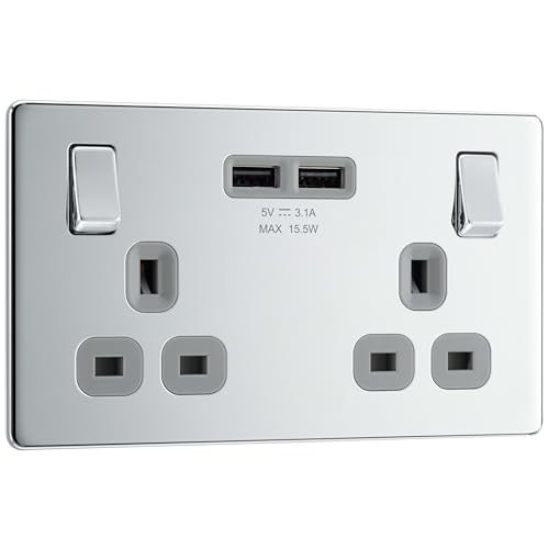 BG Electrical FPC22U3G, schraubenlose Flachplatte, poliert, Chrom, doppelt geschaltete, 13A-Steckdose mit USB-Aufladung - 2X-USB-Buchsen (3.1A) Grauer Einsatz von British General