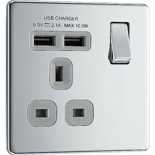 BG Electrical fpc21u2g Screwless Flat Plate Single Switched Fast Charging Power Socket with Two USB Charging Ports, 13 A, Polished Chrome with Grey Inserts von British General