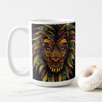 Löwe-Kaffeetasse - Tierkaffeetasse 15 Unze. Tasse -Caesar Stammeskunst Zeichnung Buntstifte Schwarz Kaffeetasse Gelb Rot Blau von BritneyElizabethArt