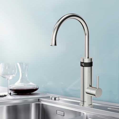 Briwellna Elektrischer Wasserhahn für die Küche, Schneller Heizhahn, Edelstahl Wasserhahn mit Digitalanzeige, 360 Grad drehbarer Wasserhahn mit Durchlauferhitzer (Silber) von Briwellna
