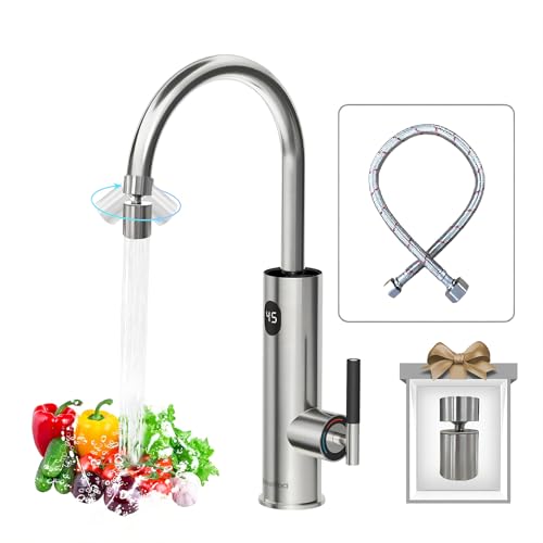 Briwellna elektrische wasserhahn 220V wasserhahn mit durchlauferhitzer 360 Grad Rotieren und Digitalanzeige,Warmwasserhahn mit Universelle Düse(Silber) von Briwellna