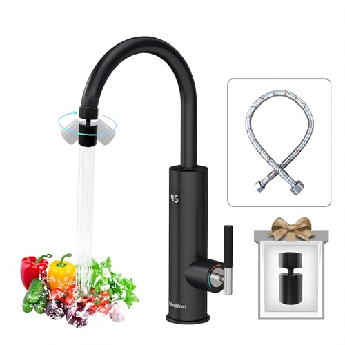 Briwellna elektrische wasserhahn 220V wasserhahn mit durchlauferhitzer 360 Grad Rotieren und Digitalanzeige,Warmwasserhahn mit Universelle Düse (Schwarz) von Briwellna