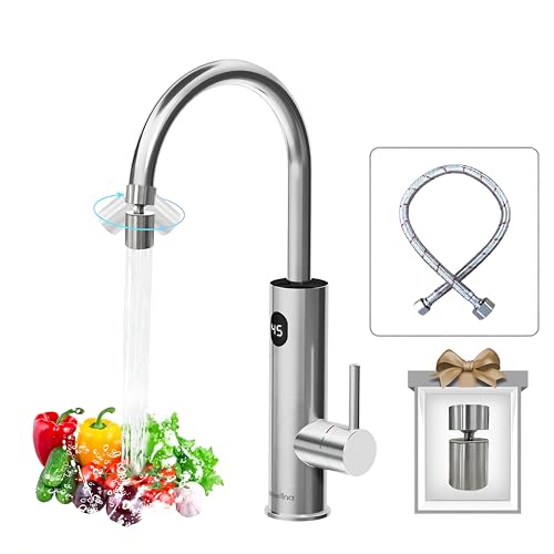 Briwellna wasserhahn mit durchlauferhitzer 220V elektrische wasserhahn 360 Grad Rotieren und Digitalanzeige,Warmwasserhahn mit Universelle Düse (Silber) von Briwellna