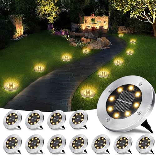 BrizLabs 12 Stück Solar Bodenleuchten Aussen, Solarleuchten Garten für Außen 8 LEDs Gartenleuchte Warmweiß Wasserdicht Solarlampen Licht für Rasen Auffahrt Gehweg Patio Terrasse Hof Balkon Deko von BrizLabs
