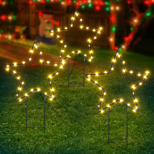 BrizLabs Weihnachtsbeleuchtung Außen, 3er Set 90 LED Gartenstecker Sterne Metall Weihnachtsstern Gartenstäbe Außenbeleuchtung mit Timer Weihnachtsdeko Gartendeko Beleuchtet, Schwarze Stern, Warmweiß von BrizLabs