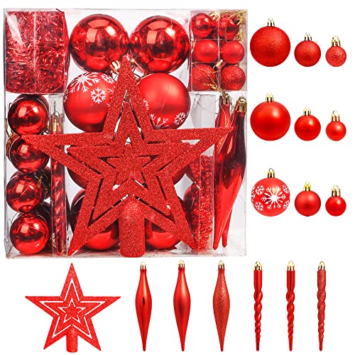 BrizLabs Weihnachtskugeln Set 75 Stück Christbaumkugeln Kunststoff Weihnachtsbaumschmuck mit Christbaumspitze für Weihnachtsbaum Innen Hochzeit Party Schlafzimmer Esstisch Deko, Rot von BrizLabs