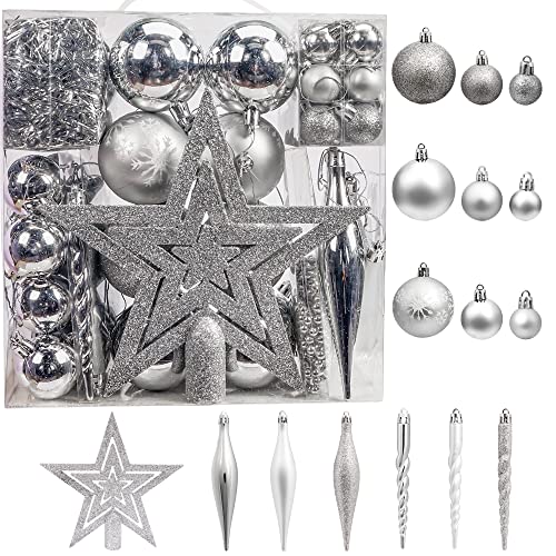 BrizLabs Weihnachtskugeln Set 75 Stück Christbaumkugeln Kunststoff Weihnachtsbaumschmuck mit Christbaumspitze für Weihnachtsbaum Innen Hochzeit Party Schlafzimmer Esstisch Deko, Silber von BrizLabs