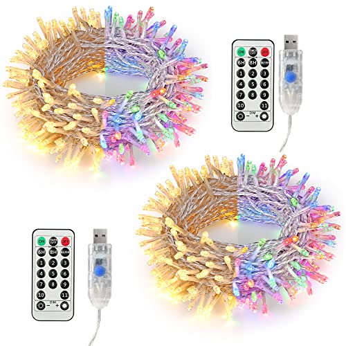 Weihnachtsdeko Lichterkette Indoor, 2 Stück 10M 100 LED Warmweiß und Bunt 4 in 1 USB Lichterketten mit 11 Modi Fernbedienung Dimmbar Außen Lichterkette für Kinderzimmer Fenster Hochzeit Party Feier von BrizLabs