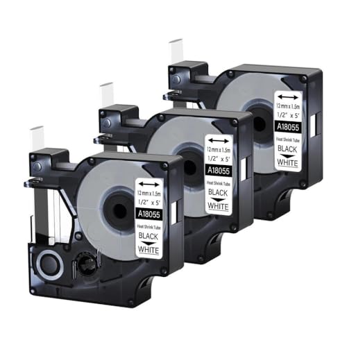 3pk bis 10pk Industrial Wärme Schrumpfröhrchen 6mm 9mm 12 mm 19mm 24 mm schwarz auf weißes Etikett kompatibel mit 18055 18056 4200 5200 Modelle(3PK Black on White) von BrmElok