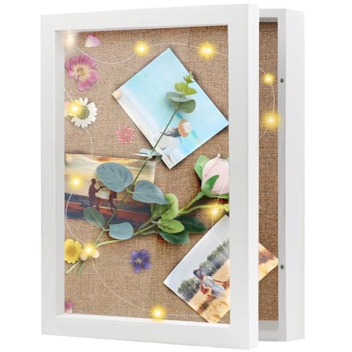 3D Bilderrahmen zum Befüllen 28x35cm Holz Objektrahmen zum Befüllen Weiß Shadowbox-Rahmen mit Rückwand aus Leinen für Memorabilia/Hochzeit/Schreibtisch/Geschenk, mit LED Lichterkette von Brmeday