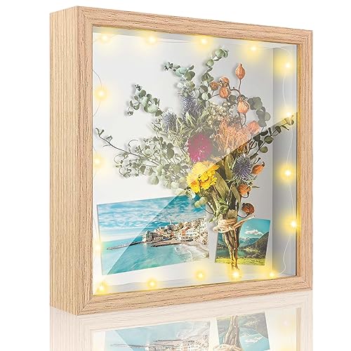 Brmeday Bilderrahmen zum Befüllen 20 x 20cm, 3D Objektrahmen Tief für Objekte bis 3cm, Quadratisch 3D Rahmen mit Licht und Plexiglas für Blumen Hochzeitsstrauß Muttertagsgeschenk (Holzfarbe) von Brmeday