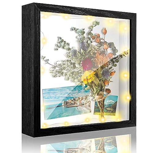 Brmeday 3D Bilderrahmen zum Befüllen 20 x 20cm, Objektrahmen Tief für Objekte bis 3cm, Quadratisch 3D Rahmen mit Licht und Plexiglas für Blumen Hochzeitsstrauß Abitur Geschenk (Schwarz) von Brmeday