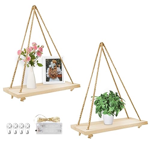 Brmeday Boho Deko Wandregal Holz Hängeregal, 2-er Set Regal Hängend Makrame, Wanddeko Boho, Wandbehang Schweberegal, Aesthetic Room Dekor für Schlafzimmer, Wohnzimmer, Bad, mit LED Lichterkette von Brmeday