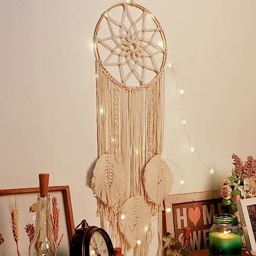 Brmeday Makramee Wandbehang, Boho Wanddeko Traumfänger, Boho Deko Feder Wandbehang, Dreamcatcher Handgewebt, Weihnachten Decor Wohnzimmer, Schlafzimmer, Balkon, mit LED Lichterkette von Brmeday